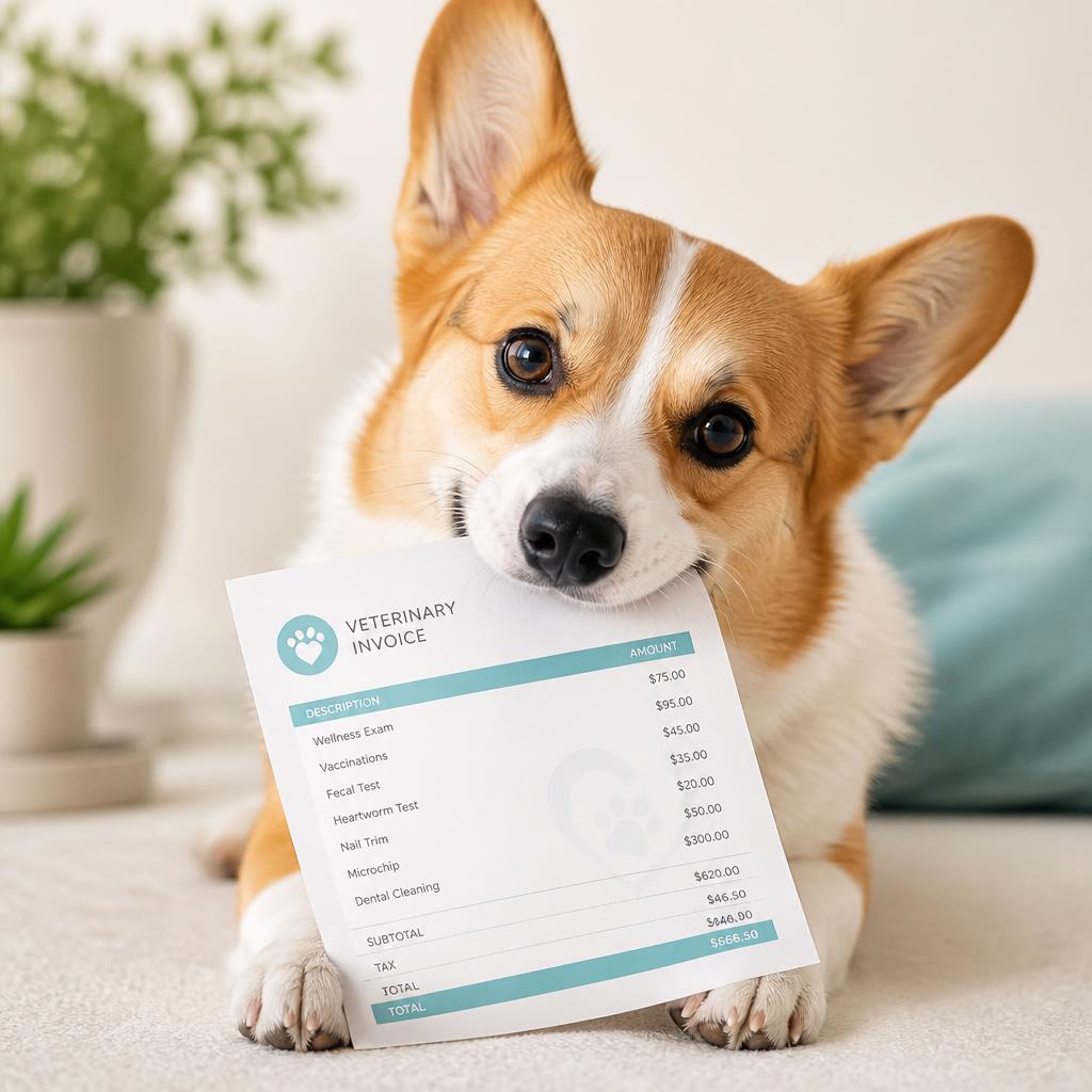 Corgi holding a veterinary invoice