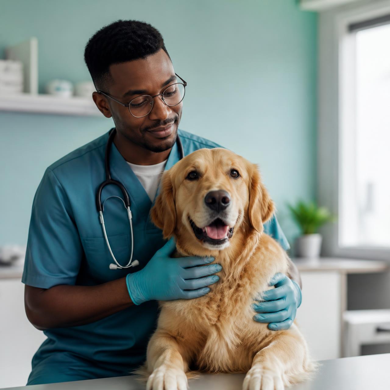 Veterinarian examining a golden retriever in a clinic consulting room